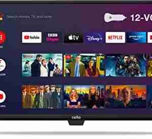 A modern Cello Smart TV 12 Volt 24 Inch Prime Video Netflix, displaying a colorful menu with various streaming service apps including Prime Video and Netflix, alongside multimedia content.