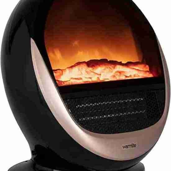 Modern electric fireplace with a sleek, oval design and Ceramic Flame Effect Fan Heater, simulating a cozy, flaming hearth.