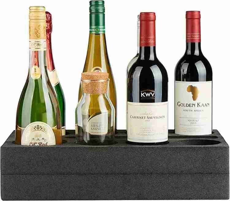 A selection of four wine bottles, including sparkling, white, and red wines neatly arranged in a Foam 8 Bottle Holder.