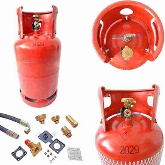 A set of Gas Bottle Refillable LPG Tank 11 kg 27 Litres equipment, featuring a full red gas cylinder, a top-down view of the tank's valve, various brass fittings, pipes, and gaskets.