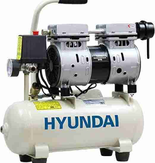 A Hyundai Air Compressor 118psi branded twin cylinder on a horizontal tank with a carry handle, rubber feet for stability.