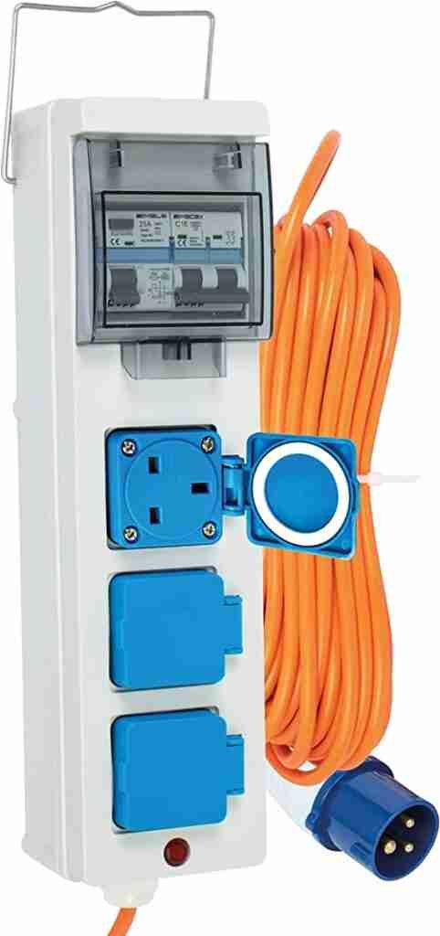 Portable electrical power distribution board with circuit breakers, multiple blue outlets, and a coiled orange extension cable designed for mobile mains power unit for camping.