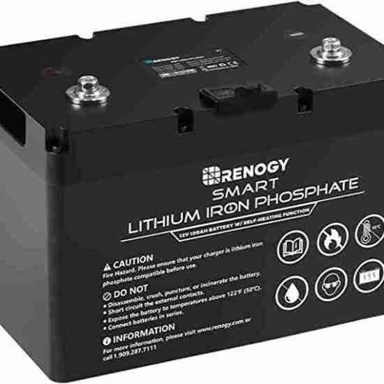 A Renogy LifePO4 12V 100Ah Smart Lithium Iron Phosphate Battery Self Heating with various icons indicating its features such as built-in battery management system, voltage and temperature protection, efficiency functions