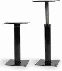 Adjustable height speaker stands with a black finish, featuring a square base and top plate, connected by a central pillar with a screw mechanism for height adjustment and an RV Steps Brace Stabiliser for enhanced stability.