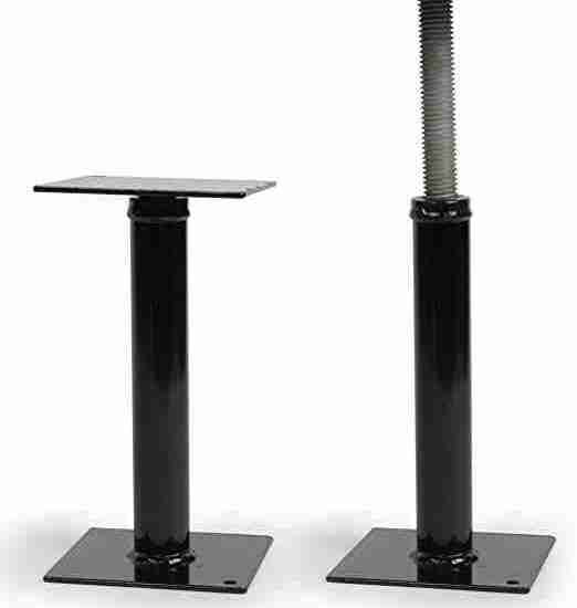 Adjustable height speaker stands with a black finish, featuring a square base and top plate, connected by a central pillar with a screw mechanism for height adjustment and an RV Steps Brace Stabiliser for enhanced stability.