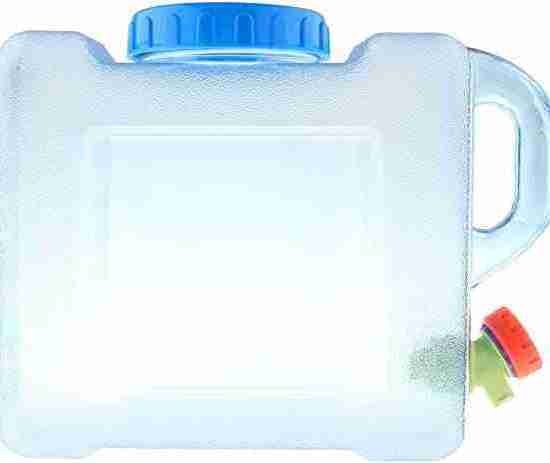 A transparent plastic Water Carrier Container 5 Litre with a blue cap, a handle on the side, and a water tap for easy pouring. Water Carrier Container 5 Litre with Water Tap Easy Pouring