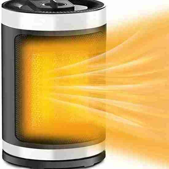Portable Compact Oscillating Ceramic Heater radiating warmth with glowing heating elements.