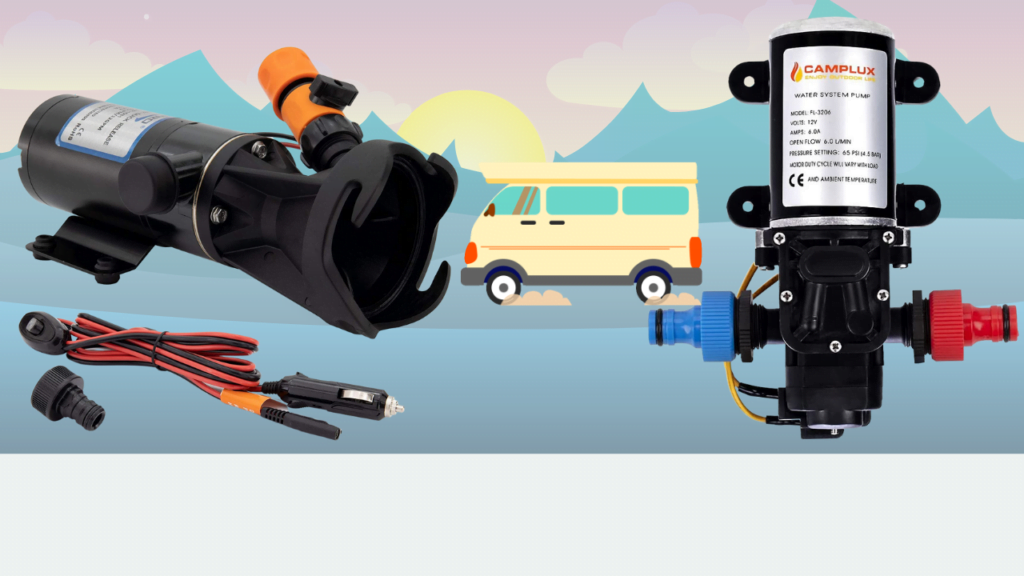 Various components of a portable water heater system, including an RV macerator pump, with a scenic backdrop featuring a classic van and mountains under a pastel sky.