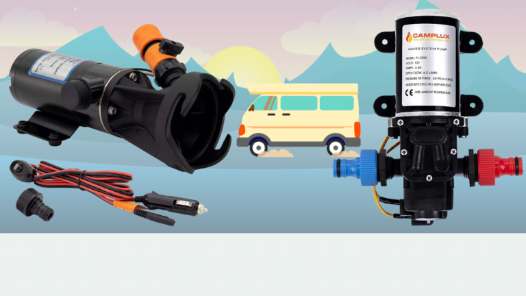 Various components of a portable water heater system, including an RV macerator pump, with a scenic backdrop featuring a classic van and mountains under a pastel sky. Advantages of Using a RV Macerator Pump