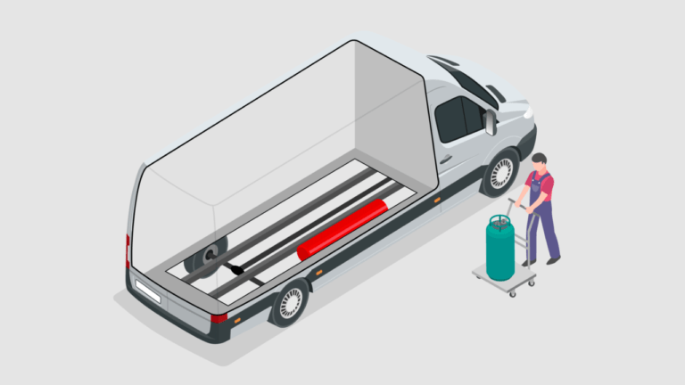 A worker standing next to an open delivery truck equipped with a conveyor belt system for efficient loading and unloading, with a hand trolley and a refillable LPG gas bottle placed beside him, ready