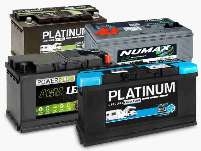 A collection of four different types of lead-acid leisure batteries designed for various applications, featuring AGM technology and branded with "Platinum" and "Numax.
