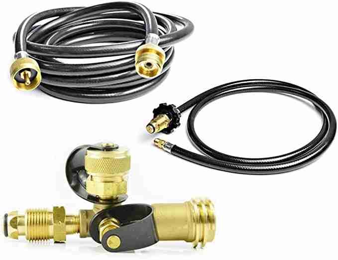 A set of gas hose and regulators for propane appliances, featuring brass fittings, flexible hosing, adjustable pressure valves, and an RV Extend A Stay Propane Kit - Brass Tee Adapter Complete Kit With Hoses.