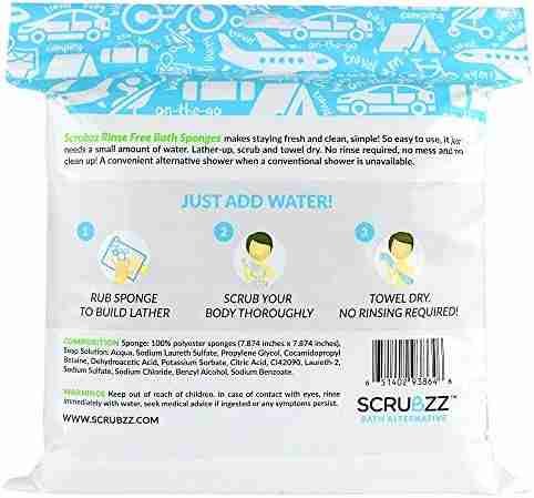 A back view of a scrubzz disposable soap sudsing bath sponge pack, highlighting its no-rinse, easy-to-use features with instructional icons for use in situations where a conventional shower is unavailable. Best Way To Bathe When Camping