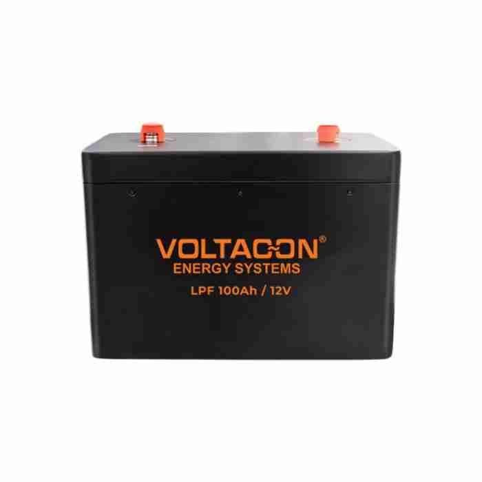 A black voltacon energy systems lithium leisure battery with a capacity of 100ah/12v, isolated on a white background. Why You Need Lithium Leisure Batteries in Your Motorhome