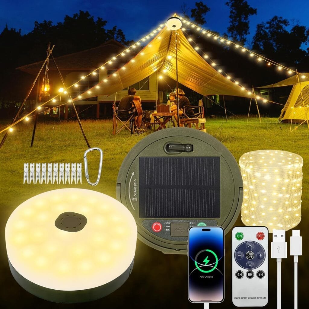 10m Retractable Solar Camping String Lights USB Rechargeable1800mAh Battery